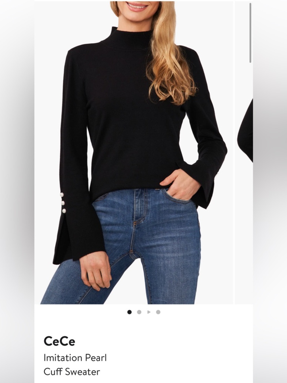CeCe Black Mock-Neck Sweater with Pearl Cuff Detail